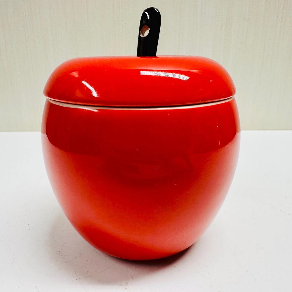 Vintage Red Apple Jam Jelly Jar Lidded Sugar Bowl Ceramic Brown Spoon Stem